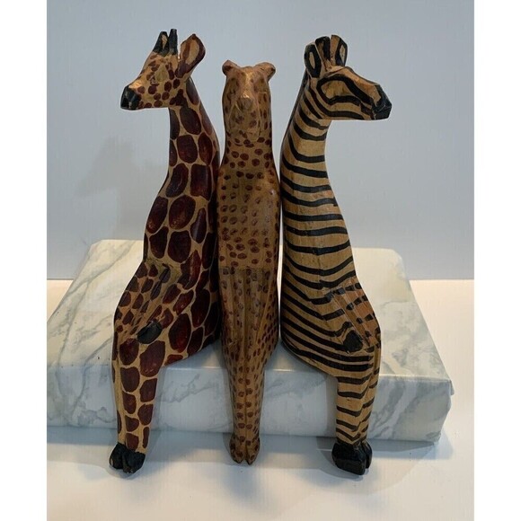 Giraffe & Zebra Lion Hand Carved Wooden African Sculpture Shelf Ornament 8.5" - Picture 1 of 10